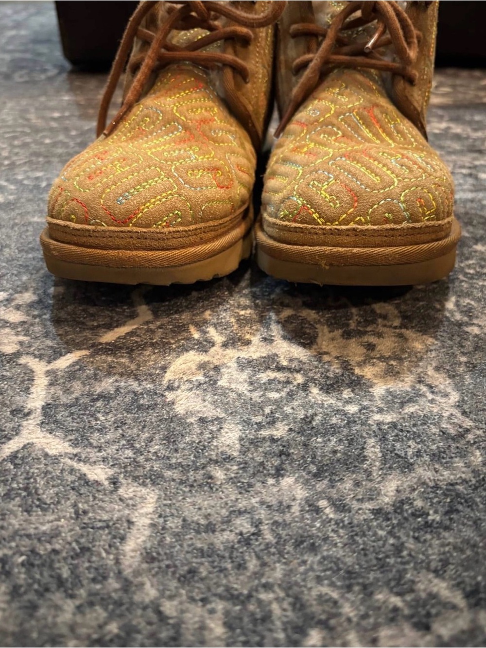 UGG Kids Tan Embroidered Lace-Up Boots with Multicolor Stitching